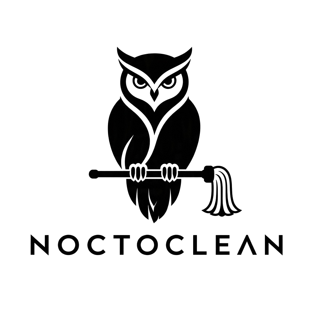 NOCTO Clean owl mascot perched on a mop